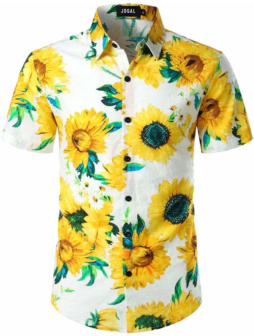 JOGAL Men's Flower Casual Button Down Short Sleeve Hawaiian Shirt