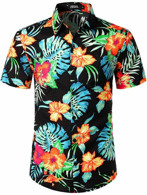 JOGAL Men's Flower Casual Button Down Short Sleeve Hawaiian Shirt