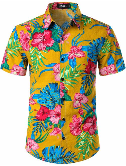 JOGAL Men's Flower Casual Button Down Short Sleeve Hawaiian Shirt