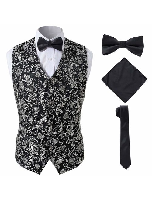 SuiSional Mens 4pc Classic Paisley Suit Vest Set Necktie Bowtie Hanky for Tuxedo