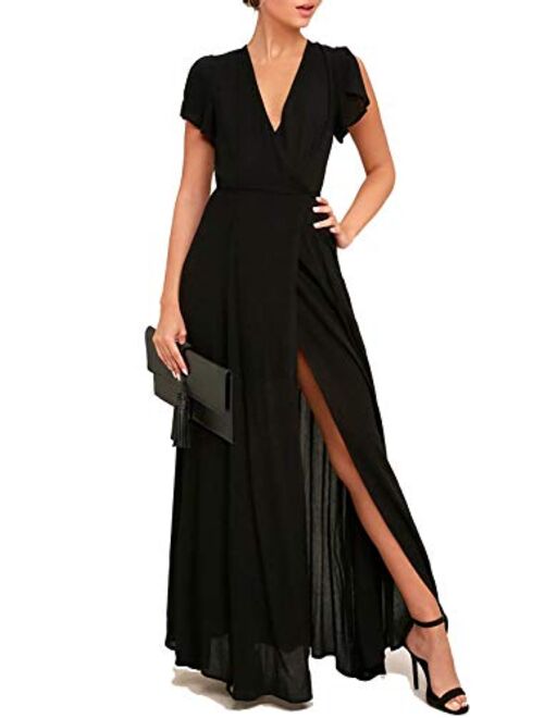 Vivicastle USA Sexy Long Sleeve Tulip Wrap Front Slit Full Long Maxi Dress