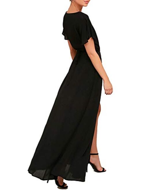 Vivicastle USA Sexy Long Sleeve Tulip Wrap Front Slit Full Long Maxi Dress