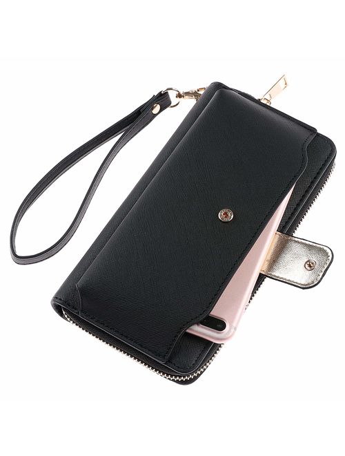 Women Wristlet Wallet with Cell Phone Holder RFID Blocking Zip Around Wallet PU
