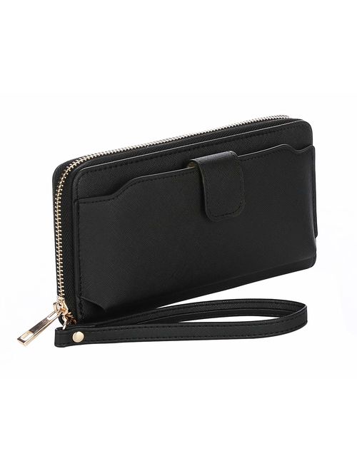 Women Wristlet Wallet with Cell Phone Holder RFID Blocking Zip Around Wallet PU