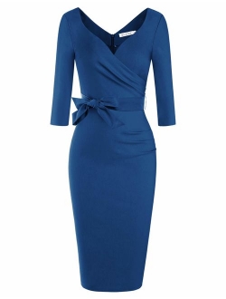 Women's Classic Retro V Neck Half Sleeve Sheath Formal Juniors Dress