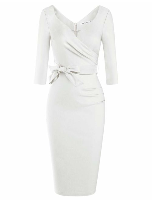 MUXXN Women's Classic Retro V Neck Half Sleeve Sheath Formal Juniors Dress