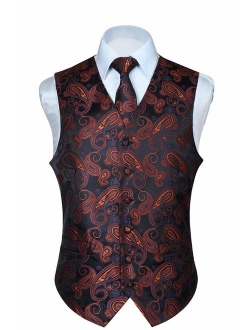 Men's Classic Paisley Floral Jacquard Waistcoat & Necktie and Pocket Square Vest Suit Set