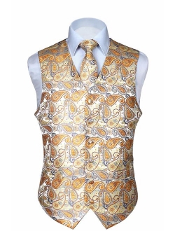 Men's Classic Paisley Floral Jacquard Waistcoat & Necktie and Pocket Square Vest Suit Set