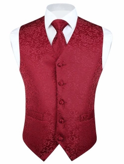 Men's Classic Paisley Floral Jacquard Waistcoat & Necktie and Pocket Square Vest Suit Set