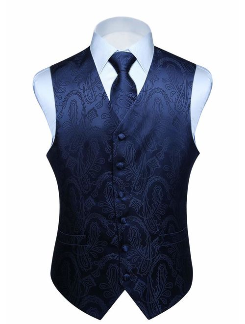 HISDERN Men's Classic Paisley Floral Jacquard Waistcoat & Necktie and Pocket Square Vest Suit Set