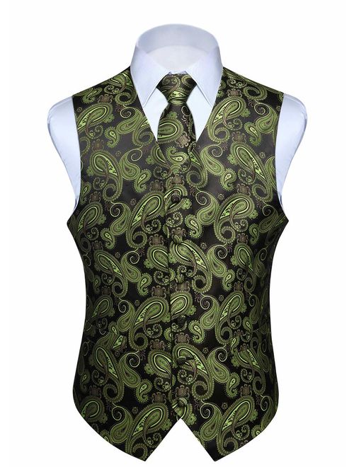 HISDERN Men's Classic Paisley Floral Jacquard Waistcoat & Necktie and Pocket Square Vest Suit Set