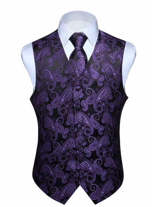 HISDERN Men's Classic Paisley Floral Jacquard Waistcoat & Necktie and Pocket Square Vest Suit Set