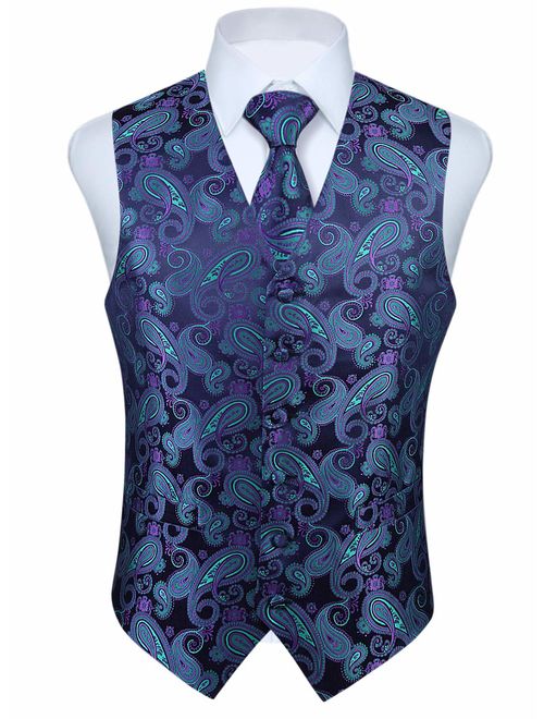 HISDERN Men's Classic Paisley Floral Jacquard Waistcoat & Necktie and Pocket Square Vest Suit Set