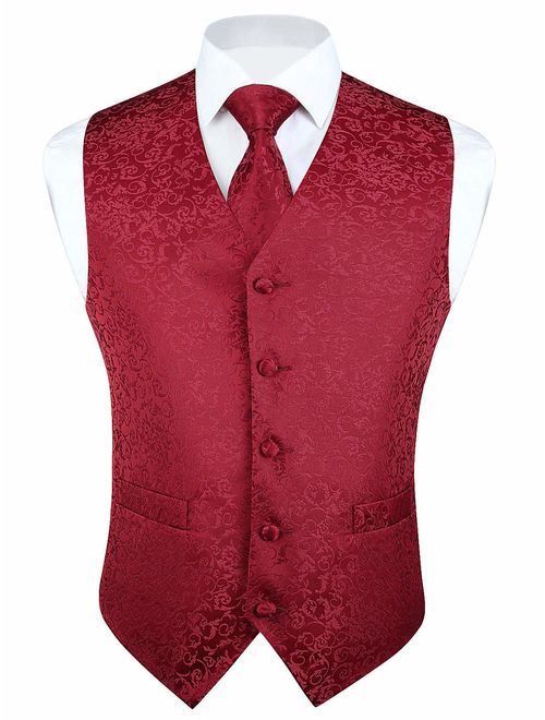 HISDERN Men's Classic Paisley Floral Jacquard Waistcoat & Necktie and Pocket Square Vest Suit Set