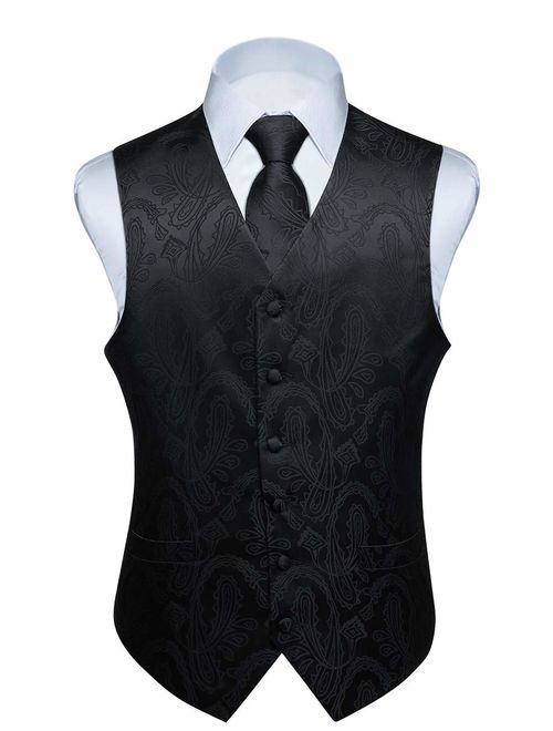 HISDERN Men's Classic Paisley Floral Jacquard Waistcoat & Necktie and Pocket Square Vest Suit Set