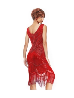 uniq sense xs-4xl Women's Roaring 20s V-Neck Gatsby Dresses- Vintage Inpired Sequin Beaded Flapper Dresses