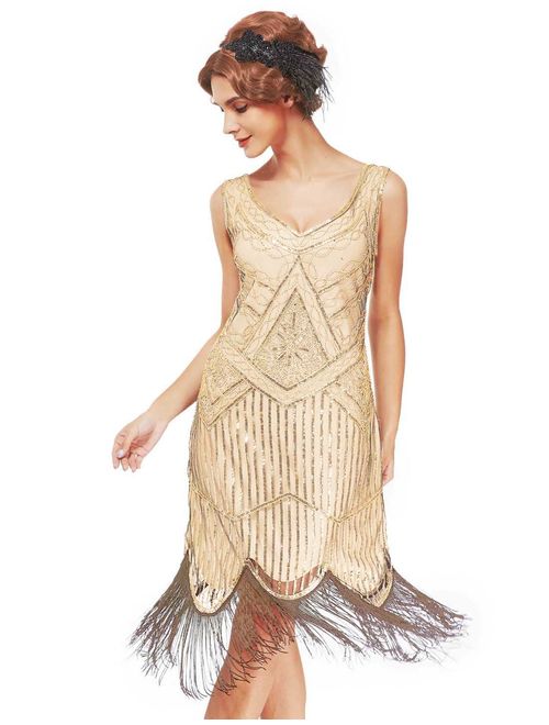 uniq sense xs-4xl Women's Roaring 20s V-Neck Gatsby Dresses- Vintage Inpired Sequin Beaded Flapper Dresses