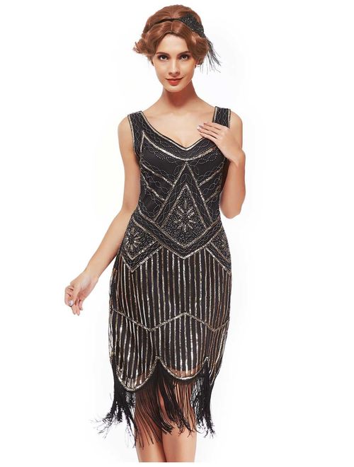 uniq sense xs-4xl Women's Roaring 20s V-Neck Gatsby Dresses- Vintage Inpired Sequin Beaded Flapper Dresses