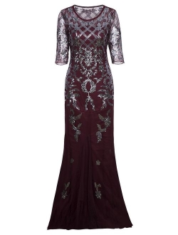 VIJIV Vintage 1920s Long Wedding Prom Dresses 2/3 Sleeve Sequin Party Evening Gown