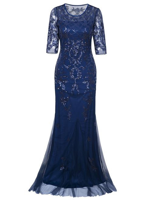 VIJIV Vintage 1920s Long Wedding Prom Dresses 2/3 Sleeve Sequin Party Evening Gown