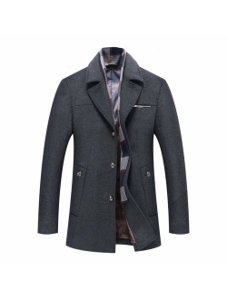 PRIJOUHE Men's Wool Coat Winter Coat Slim Medium Long Coats Overcoat Male