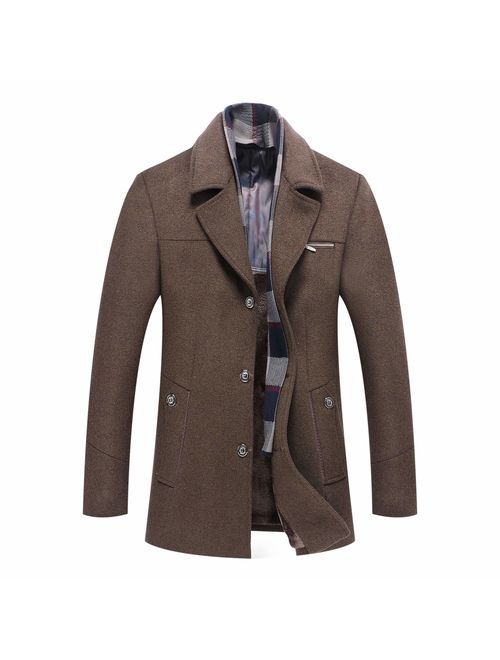 PRIJOUHE Men's Wool Coat Winter Coat Slim Medium Long Coats Overcoat Male