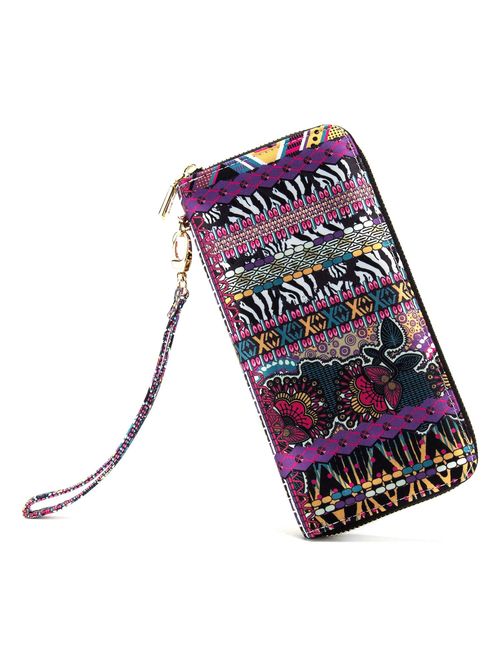 LOVEME Women Bohemian Style Double Zipper Clutch Wallets Bag Card Holder Wristlets