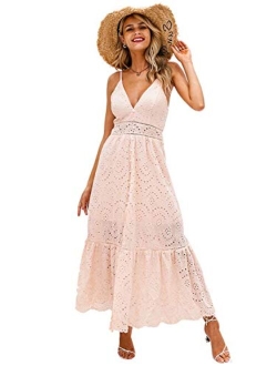 Embroidery Pearl Button Down Dress V Neck Spaghetti Strap Front Slit Maxi Dress