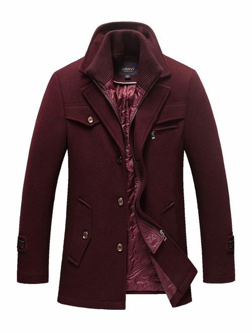 Mordenmiss Men's Quilted Wool Coat Slim Fit Single Breasted Thick Walker Coat with Romveable Collar