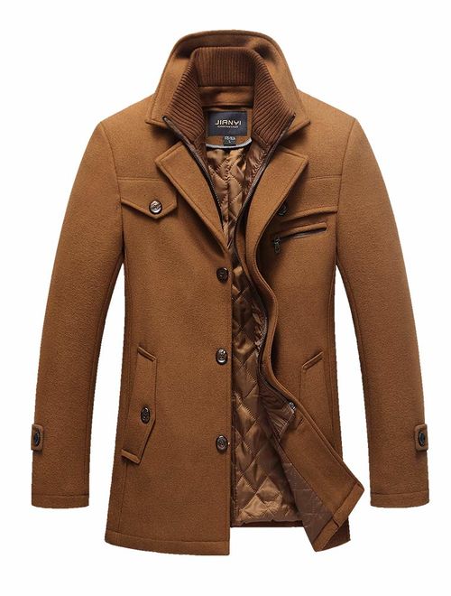 Mordenmiss Men's Quilted Wool Coat Slim Fit Single Breasted Thick Walker Coat with Romveable Collar