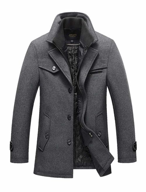 Mordenmiss Men's Quilted Wool Coat Slim Fit Single Breasted Thick Walker Coat with Romveable Collar