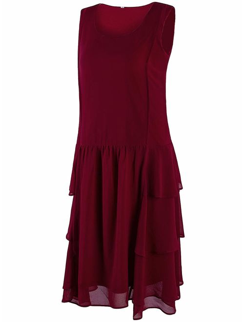 VIJIV Womens 1920s Inspired Flapper Dress High Tea Great Gatsby Maroon with Tiered Skirt 20s Dress