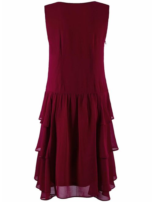 VIJIV Womens 1920s Inspired Flapper Dress High Tea Great Gatsby Maroon with Tiered Skirt 20s Dress