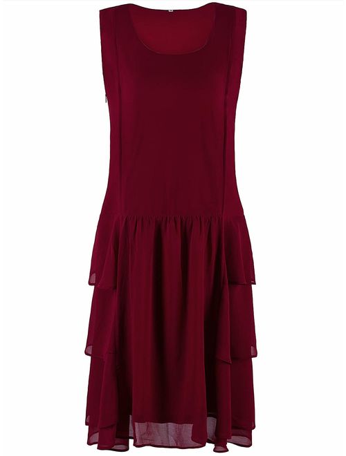 VIJIV Womens 1920s Inspired Flapper Dress High Tea Great Gatsby Maroon with Tiered Skirt 20s Dress