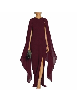 MAYFASEY Elegant High Front Slit Flare Cape Sleeve Formal Evening Gowns Maxi Dress 