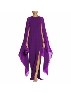 MAYFASEY Elegant High Front Slit Flare Cape Sleeve Formal Evening Gowns Maxi Dress 