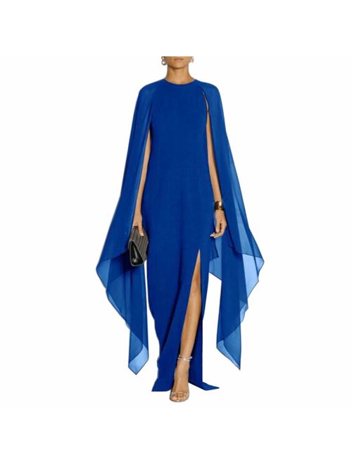 MAYFASEY Elegant High Front Slit Flare Cape Sleeve Formal Evening Gowns Maxi Dress 