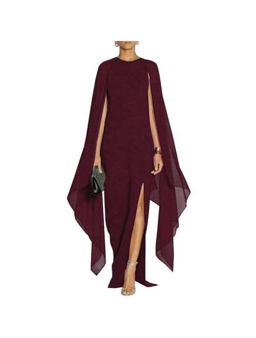 MAYFASEY Elegant High Front Slit Flare Cape Sleeve Formal Evening Gowns Maxi Dress 