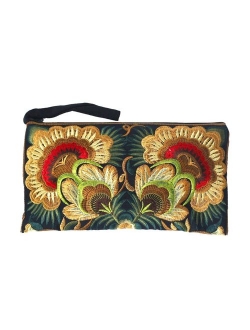 Sabai Jai - Floral Embroidered Boho Clutch - Handmade Ethnic Flower Wristlet Purse