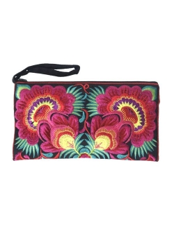 Sabai Jai - Floral Embroidered Boho Clutch - Handmade Ethnic Flower Wristlet Purse