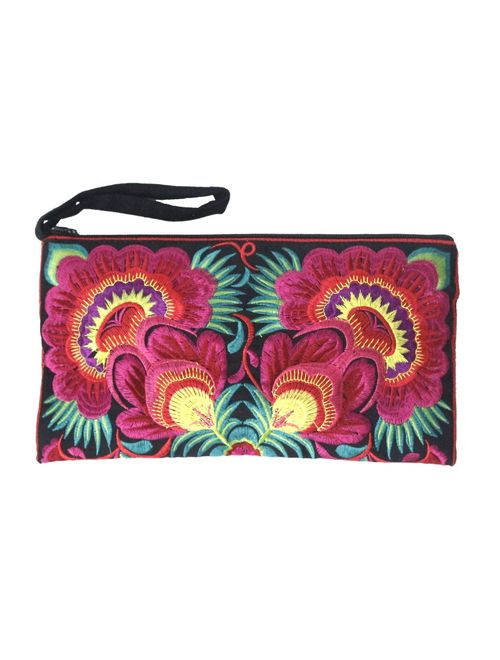 Sabai Jai - Floral Embroidered Boho Clutch - Handmade Ethnic Flower Wristlet Purse