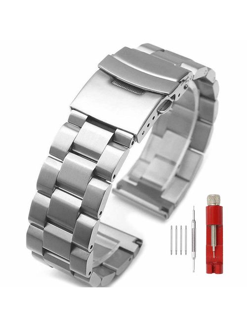 Silver/Black Stainless Steel Watch Bands Brushed Finish Watch Strap 18mm/20mm/22mm/24mm Double Buckle Bracelet