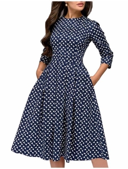 Simple Flavor Women's Floral Evening Flare Vintage Midi Dress 3/4 Sleeve