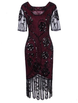 VIJIV Women Vintage 1920s Embellished Floary Beaded Cocktail Flapper Dress with Sleeves Gatsby Party