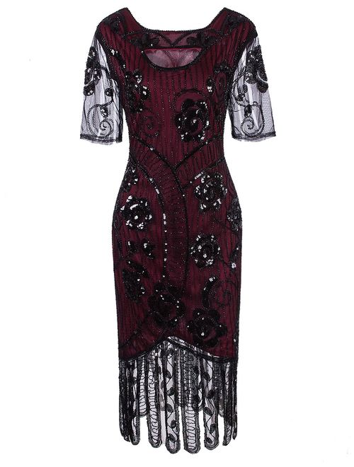 VIJIV Women Vintage 1920s Embellished Floary Beaded Cocktail Flapper Dress with Sleeves Gatsby Party