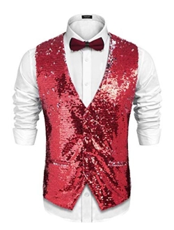 Men's Slim Fit Sequins Vest V-Neck Shiny Christmas Party Dress Suit Stylish Vest Waistcoat