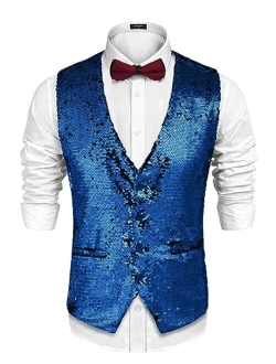 Men's Slim Fit Sequins Vest V-Neck Shiny Christmas Party Dress Suit Stylish Vest Waistcoat