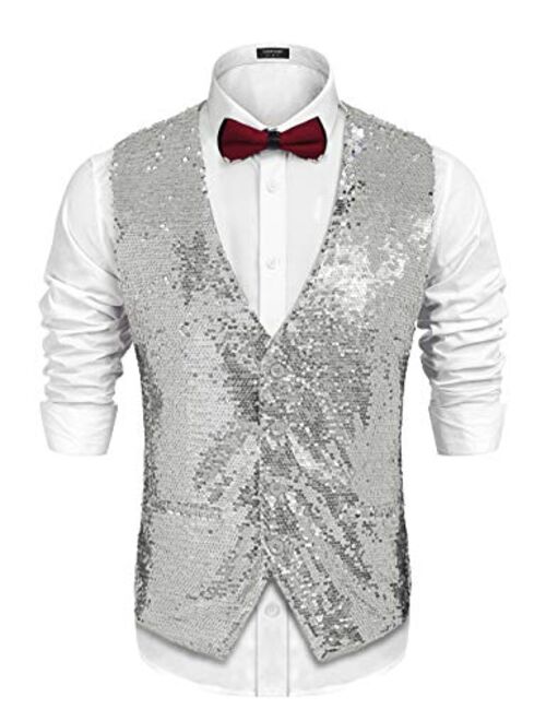 COOFANDY Men's Slim Fit Sequins Vest V-Neck Shiny Christmas Party Dress Suit Stylish Vest Waistcoat