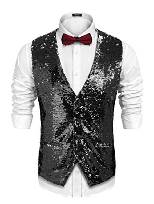 COOFANDY Men's Slim Fit Sequins Vest V-Neck Shiny Christmas Party Dress Suit Stylish Vest Waistcoat