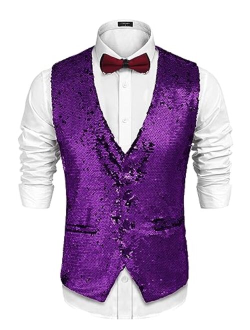 COOFANDY Men's Slim Fit Sequins Vest V-Neck Shiny Christmas Party Dress Suit Stylish Vest Waistcoat